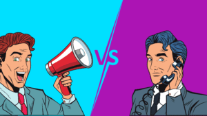 Pop art style image to demonstrate the difference between local SEO (man with phone) and traditional SEO (man with megaphone)